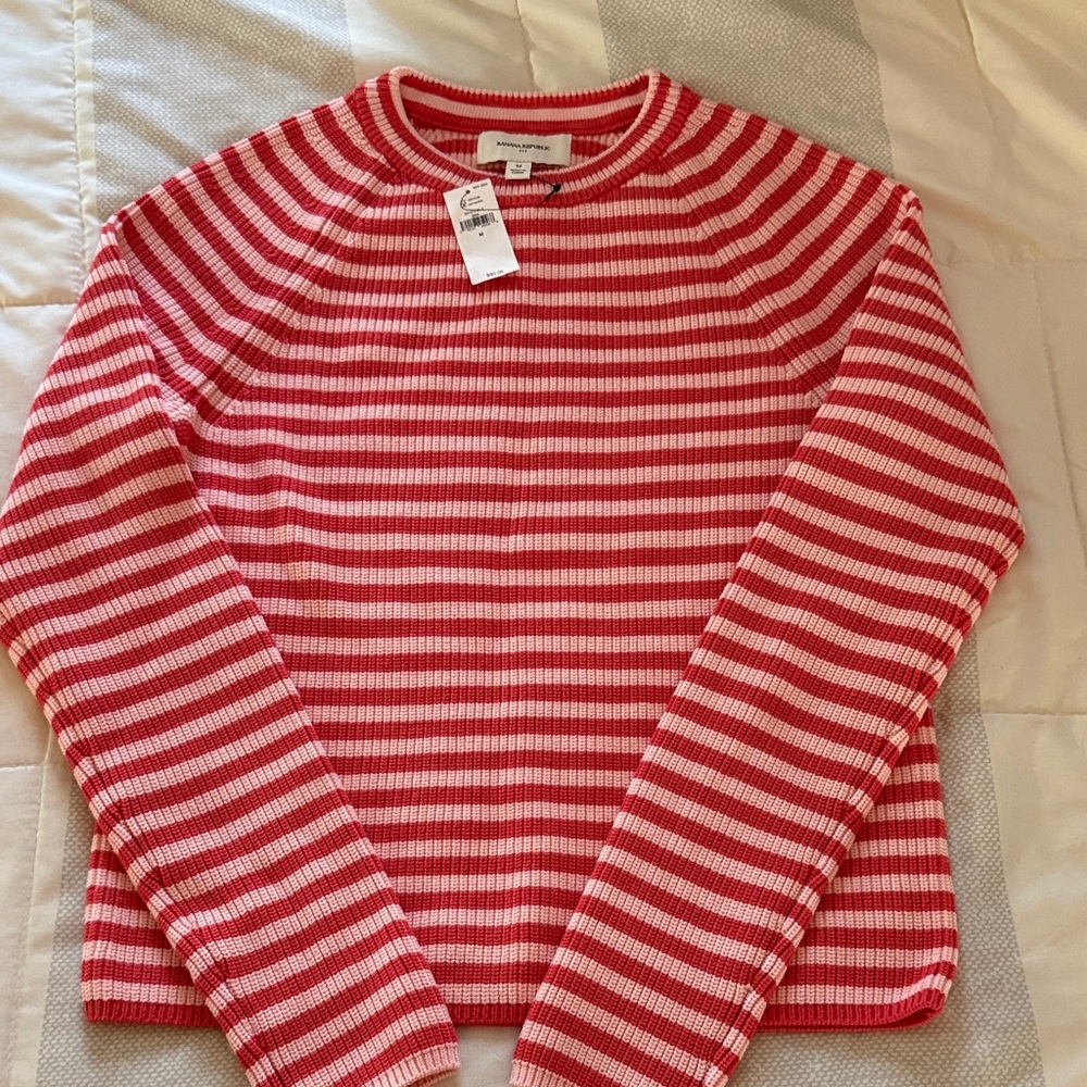Banana Republic Red and Pink Striped Crewneck Sweater